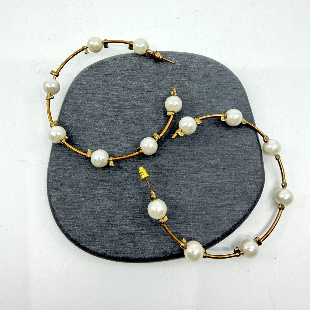 Gold Tone Hoop Earrings With Faux Pearls Large Statement Wedding Party Jewelry